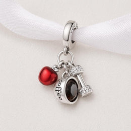 Fitness Coffee Bead Fits Pandora Charm Bracelet, 925 Sterling Silver Apple Dumbbell, Healthy Gift