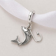 Fishing Hook Fish Bead Fits Pandora Charm Bracelet, 925 Sterling Silver Nautical, Fisherman Gift