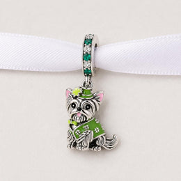 Yorkie Dog Bead Fits Pandora Charm Bracelet, Silver Irish Clover St Patricks Day Gift