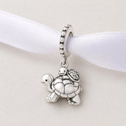 Tortoise Mom Baby Bead Fits Pandora Charm Bracelet, Shell Turtle Dangle, Silver Family Gift
