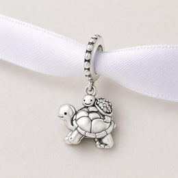 Tortoise Mom Baby Bead Fits Pandora Charm Bracelet, Shell Turtle Dangle, Silver Family Gift