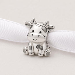 Baby Cow Bead Fits Pandora Charm Bracelet, Silver Farm Animal Spotted Calf Bull Gift