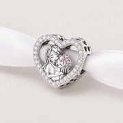 Mother Daughter Heart Bead Fits Pandora Charm Bracelet, Silver Family Hugging Crystal Jewelry Gift