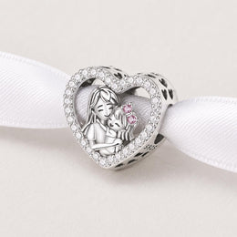 Mother Daughter Heart Bead Fits Pandora Charm Bracelet, Silver Family Hugging Crystal Jewelry Gift