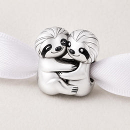 Hugging Sloths Bead Fits Pandora Charm Bracelet, Silver Enamel Couple Animal Jungle Love Gift