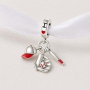 Baseball Dangle Fits Pandora Charm Bracelet, Silver Red Cap Bat Glove Athlete Sports Gift