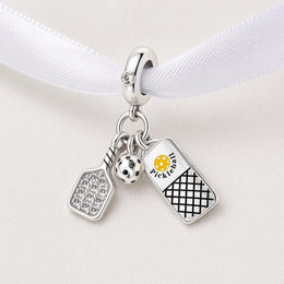 Pickleball Dangle Fits Pandora Charm Bracelet, 925 Silver Paddle Sparkling Ball Sport Athlete Gift