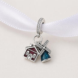 Windmill House Dangle Fits Pandora Charm Bracelet, Silver Dutch Netherlands Travel Heritage Countryside Gift