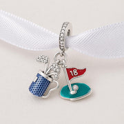 Golf Club Bag Dangle Fits Pandora Charm Bracelet, Silver Green Flag Sporty Athlete Jewelry
