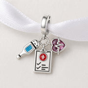 Medical Nurse Dangle Fits Pandora Charm Bracelet, Silver Clipboard Heart Thermometer Hospital Jewelry Gift