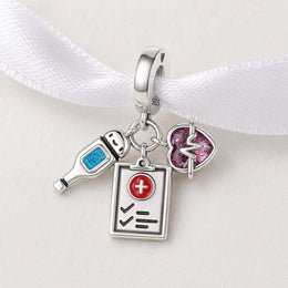 Medical Nurse Dangle Fits Pandora Charm Bracelet, Silver Clipboard Heart Thermometer Hospital Jewelry Gift