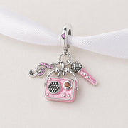 Music Radio Dangle Fits Pandora Charm Bracelet, Silver Pink Treble Clef Microphone Girl Gift
