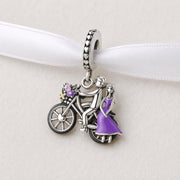 Bicycle Couple Bead Fits Pandora Charm Bracelet, Silver Romantic Gift, Purple Dress Flower Basket