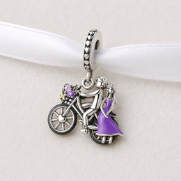 Bicycle Couple Bead Fits Pandora Charm Bracelet, Silver Romantic Gift, Purple Dress Flower Basket