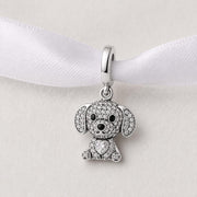 Puppy Dog Bead Fits Pandora Charm Bracelet, Silver Pave Crystal Heart Sparkly Animal Gift
