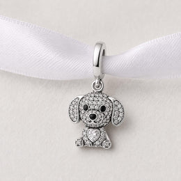Puppy Dog Bead Fits Pandora Charm Bracelet, Silver Pave Crystal Heart Sparkly Animal Gift
