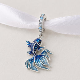 Blue Betta Fish Bead Fits Pandora Charm Bracelet, Silver Fancy Goldfish Crystal Jewelry Gift