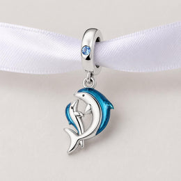 Mother Baby Dolphin Bead Fits Pandora Charm Bracelet, Silver Blue Enamel Ocean Family Gift