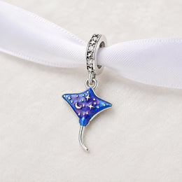 Celestial Stingray Bead Fits Pandora Charm Bracelet, Silver Manta Ray Blue Moon Star Gift