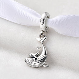 Whale Dangle Fits Pandora Charm Bracelet, Mom & Baby Silver Ocean Animal Bead, Jewelry Gift