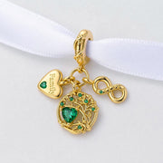 Gold Family Tree Triple Dangle Fits Pandora Charm Bracelet, Green Heart Infinity, Mother Gift