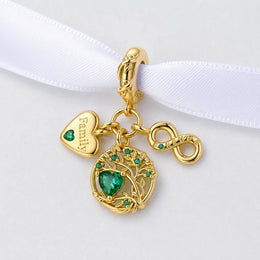 Gold Family Tree Triple Dangle Fits Pandora Charm Bracelet, Green Heart Infinity, Mother Gift