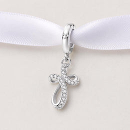 Silver Infinite Cross Dangle Fits Pandora Charm Bracelet, Religious Pavé Infinity Faith Jewelry Gift