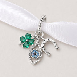 Good Luck Bead Fits Pandora Charm Bracelet, Silver Clover Evil Eye Horseshoe Dangle Gift
