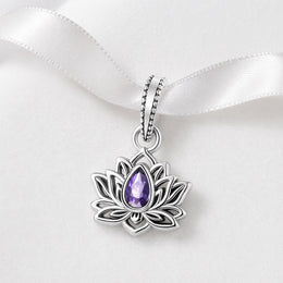 Lotus Flower Bead Fits Pandora Charm Bracelet, Silver Purple Crystal Zen Yoga Spiritual Gift