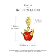 Caterpillar Apple Bead Fits Pandora Charm Bracelet, Gold Red Enamel Fruit Nature Teacher Gift