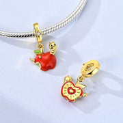 Caterpillar Apple Bead Fits Pandora Charm Bracelet, Gold Red Enamel Fruit Nature Teacher Gift