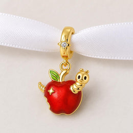 Caterpillar Apple Bead Fits Pandora Charm Bracelet, Gold Red Enamel Fruit Nature Teacher Gift
