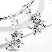 Highland Cow Dangle Fits Pandora Charm Bracelet, Silver Hairy Coo, Green Clover Luck Gift