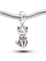 Cat Bead Fits Pandora Charm Bracelet, Silver Pink Crystal Animal Kitten Dangle Jewelry Gift