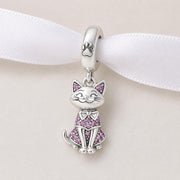 Cat Bead Fits Pandora Charm Bracelet, Silver Pink Crystal Animal Kitten Dangle Jewelry Gift