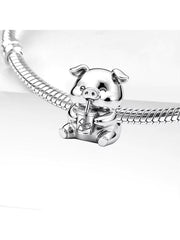 Pig Bead Fits Pandora Charm Bracelet, Silver Animal Drinking Juice Soda Coffee Refreshment Gift