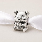 Pig Bead Fits Pandora Charm Bracelet, Silver Animal Drinking Juice Soda Coffee Refreshment Gift