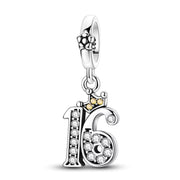 Sweet 16 Bead Fits Pandora Charm Bracelet, Silver Number Anniversary Crown Birthday Jewelry Gift