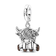 Highland Cow Dangle Fits Pandora Charm Bracelet, Silver Scottish Animal Shaggy Hairy Bead Souvenir