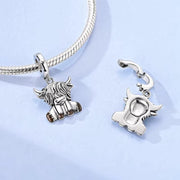 Highland Cow Dangle Fits Pandora Charm Bracelet, Silver Scottish Animal Shaggy Hairy Bead Souvenir