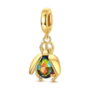 Beetle Bead Fits Pandora Charm Bracelet, Gold Gilded Rainbow Crystal Bug Dangle Nature Jewelry
