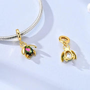 Beetle Bead Fits Pandora Charm Bracelet, Gold Gilded Rainbow Crystal Bug Dangle Nature Jewelry