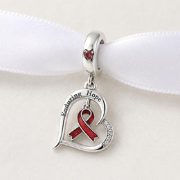 Enduring Hope Heart Bead Fits Pandora Charm Bracelet, Silver Red Ribbon Awareness Support Gift