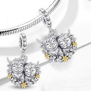 Highland Cow Mother Calf Bead Fits Pandora Charm Bracelet, Silver Scottish Clover Flower Gift