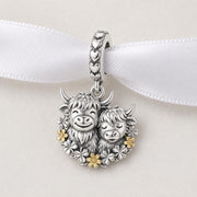 Highland Cow Mother Calf Bead Fits Pandora Charm Bracelet, Silver Scottish Clover Flower Gift