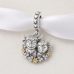 Highland Cow Mother Calf Bead Fits Pandora Charm Bracelet, Silver Scottish Clover Flower Gift