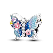 Blue Butterfly Bead Fits Pandora Charm Bracelet, Silver Floral Enamel Nature Transformation Gift