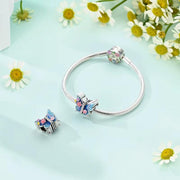 Blue Butterfly Bead Fits Pandora Charm Bracelet, Silver Floral Enamel Nature Transformation Gift