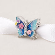 Blue Butterfly Bead Fits Pandora Charm Bracelet, Silver Floral Enamel Nature Transformation Gift