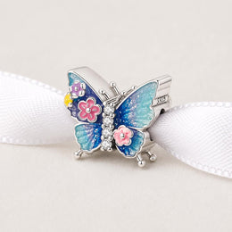 Blue Butterfly Bead Fits Pandora Charm Bracelet, Silver Floral Enamel Nature Transformation Gift